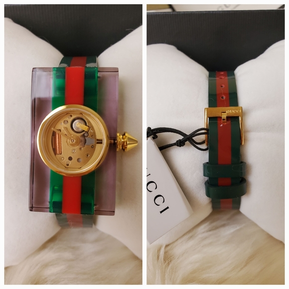 Gucci Rare Skeleton Sherry Line Leather Belt Buckle Green Watch - Picture 8 of 11